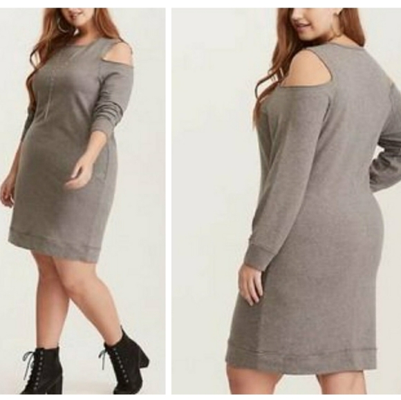 Torrid Gray Cold Shoulder Knit Sweater Mini Dress - Picture 1 of 6